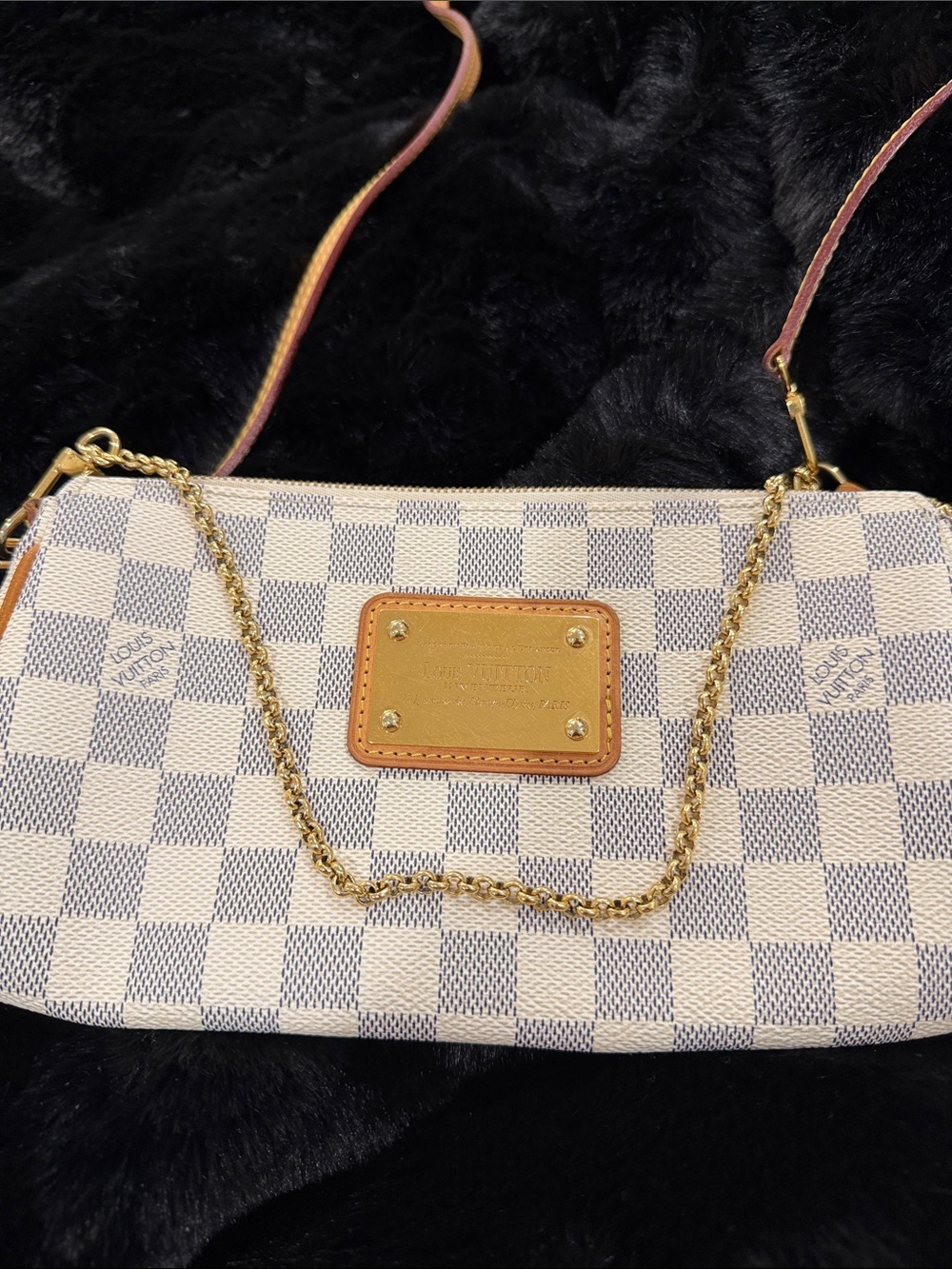 Louis Vuitton Damier Azur Crossbody Bag with Gold Hardware and Tan Strap